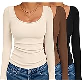 Ekouaer 3 Pack Long Sleeve Shirts for Women Scoop Neck Ribbed Thermal Tops Slim Fit Basic Undershirts XS-XXL