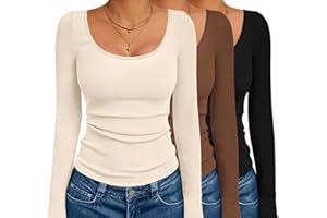 Ekouaer 3 Pack Long Sleeve Shirts for Women Ribbed Scoop Neck Thermal Tops Slim Fit Basic Undershirts
