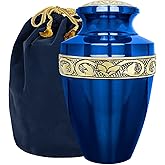 Trupoint Memorials Cremation Urns for Human Ashes, Decorative Burial Urn for Adult Men and Women, Large Grecian Blue and Gold