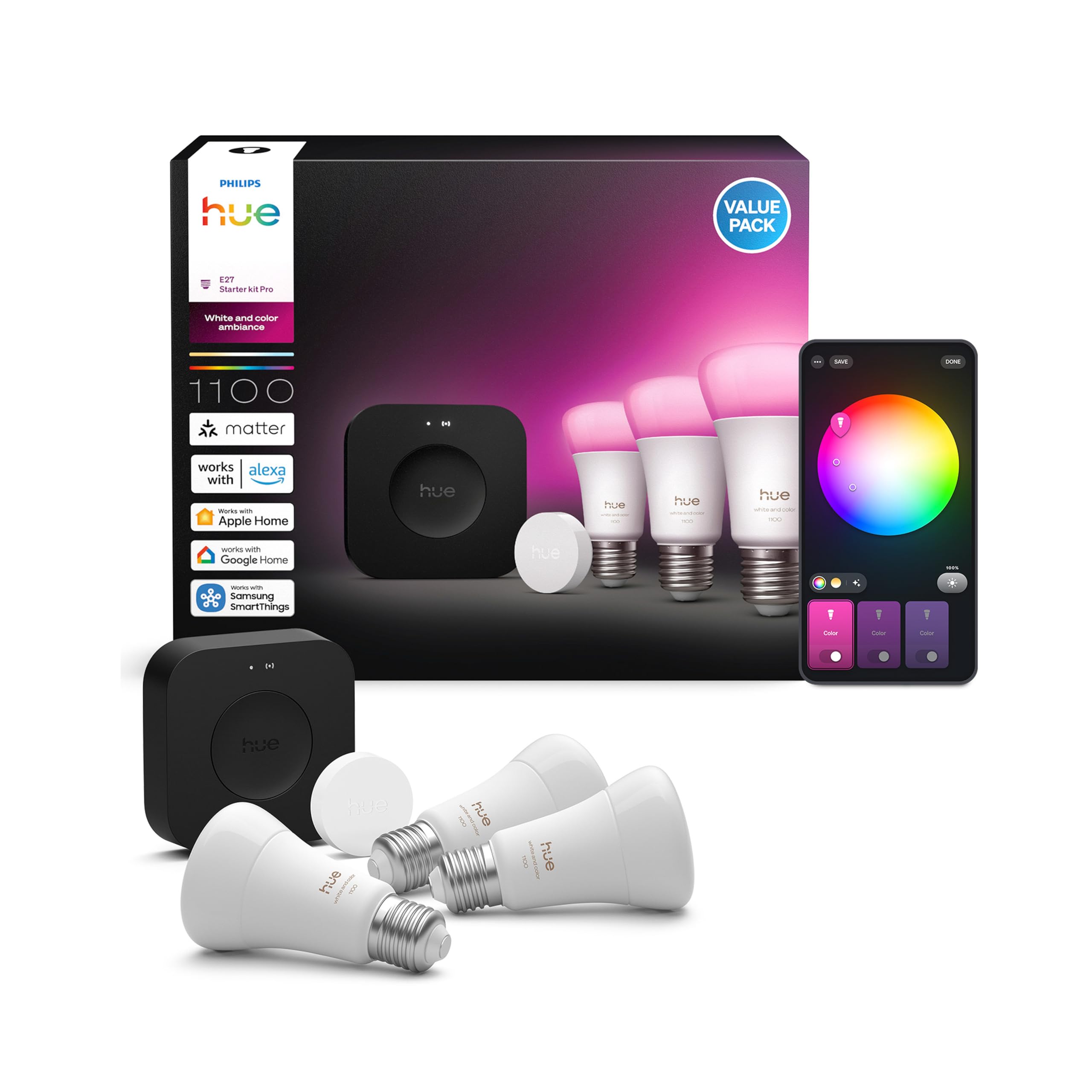 Philips Hue Starter Kit Bridge Pro + 3 E27 Smarte Glühbirnen + Smart Button, White and Color Ambiance, Smart Light Hub, Lichtsteuerung kompatibel mit diversen Smart Home Assistenten