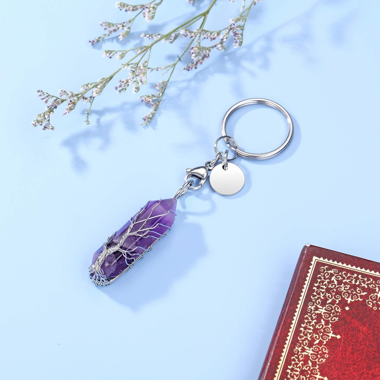 CrystalTears Amethyst Healing Crystal Keychain Tree Life Wire Wrapped Hexagonal Crystal Point Keyring Charms for Home Car Key Decor Gift for Women Girls Christmas - Image 3