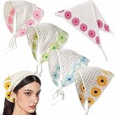 KuuGuu Crochet Bandanas Headbands Cute Flowers Hairbands Pink Knitted Headscarf Green Daisy Head Scarf Foral Headwrap