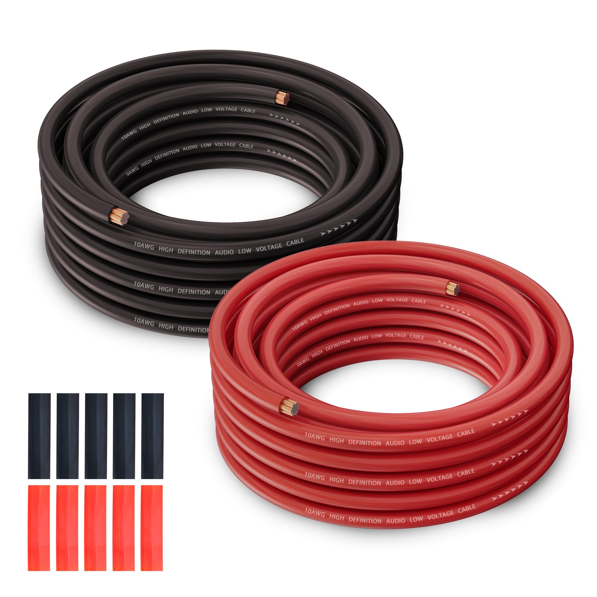 Photo 1 of 10 Gauge Wire (25FT Each, Red/Black), Low Voltage for Automotive Wiring, Battery Cable, 10AWG, Car Audio, Car Amplifier Power or Ground Cable, Translucent Jacket, CCA, with 10 Heat Shrink Tubing