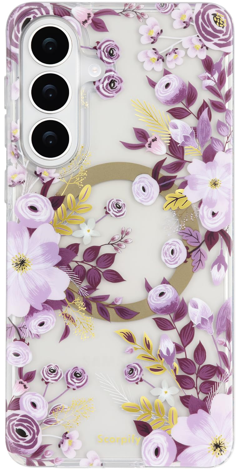 SCORPIFY Compatible with Samsung Galaxy S26 Plus Case [Compatible with MagSafe] for Purple Nemophila Floral Design,Cute Magnetic Clear Flower Phone Cover for Women Girls,Slim Bumper with Gold Accents