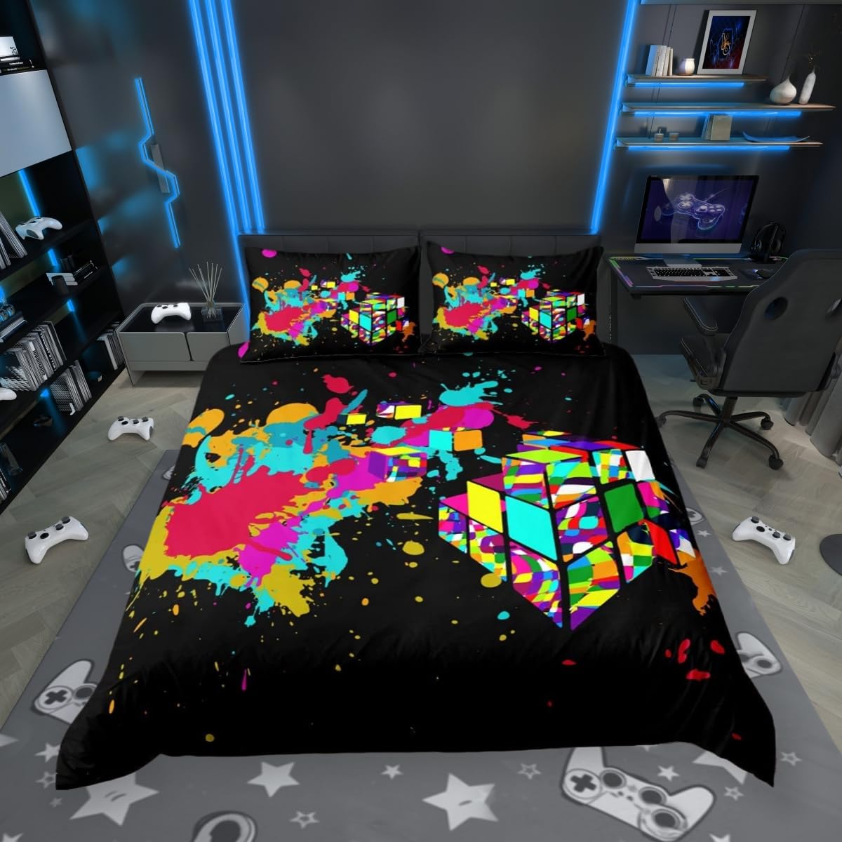 feelingyou Watercolor Graffiti Duvet Cover King, Tie Dye Colorful Rubik Pattern Bedding Set, Hippie Style Boys Girls Bedroom Decorative Comforter Cover and 2 Pillowcases, Black