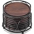 GOH DODD Wood Coasters With Leather Holder - Set Of 8 Walnut Coasters For Drink Protection