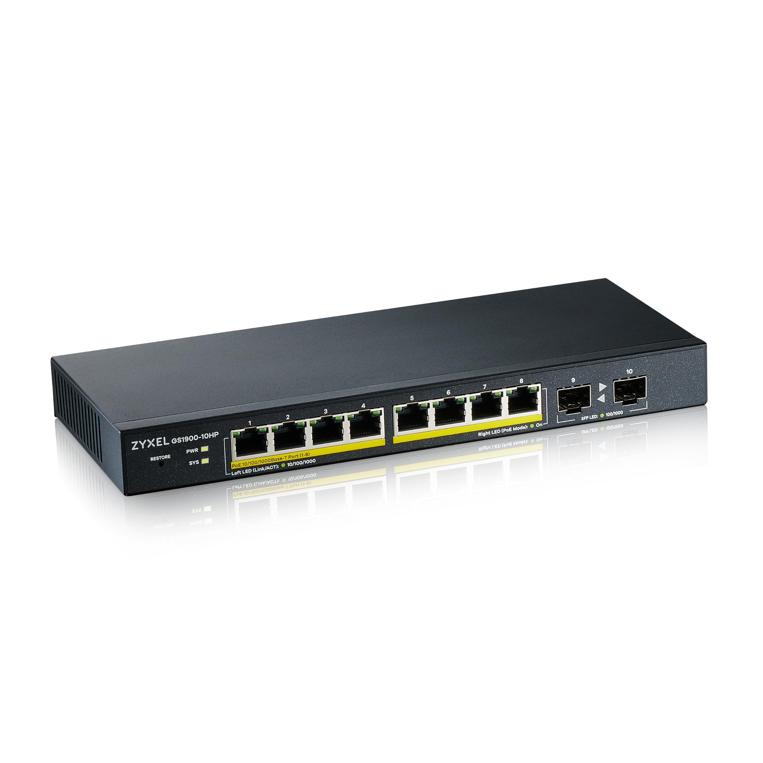 Zyxel 8 Port PoE Switch | Smart Managed | Gigabit Network Ethernet Switch | 8x GbE PoE+ with 77W Budget + 2x SFP GbE Slots | Desktop or Wall Mount | Fanless | Power Adapter Included | GS1900-10HP — image 1