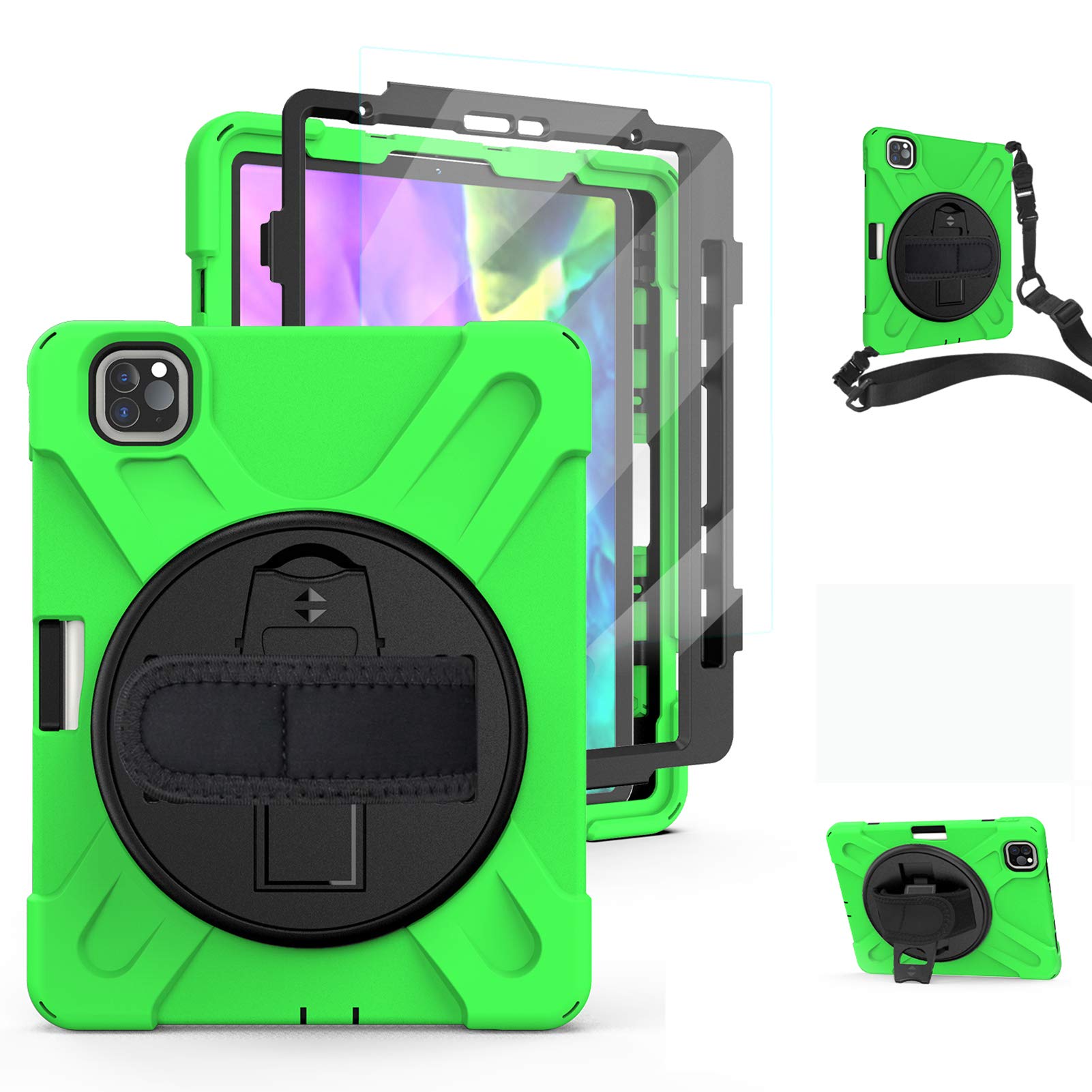 TSQ iPad 11 Pro 2020 Case with Strap | iPad Pro 11 2018& 2020 Support Pencil Charging | Shockproof High Impact Resistant Hard Case for iPad Pro Accessories 11 inch with 360 Rotatable Stand | Green
