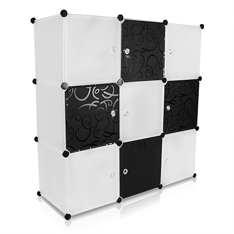 Grinscard Universal Steckschrank - Set aus 9 Modulfächern, Schwarz/Weiss - Frei gestaltbares DIY Regalsystem