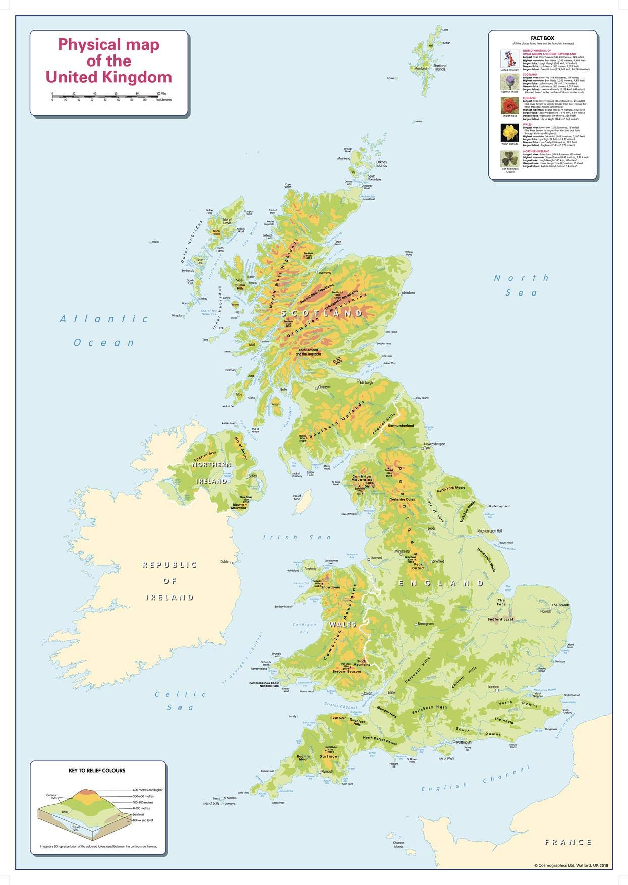 Colour Blind Friendly Children's Physical Map of the UK - 25.25" x 36" Laminated