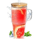 ANOTION Glass Cups with Lids and Straws - 40 Oz Tumbler with Handle and Straw Glass Water Bottles Drinking Glasses with Straws Iced Coffee Cups Travel Coffee Mug Smoothie Tumbler