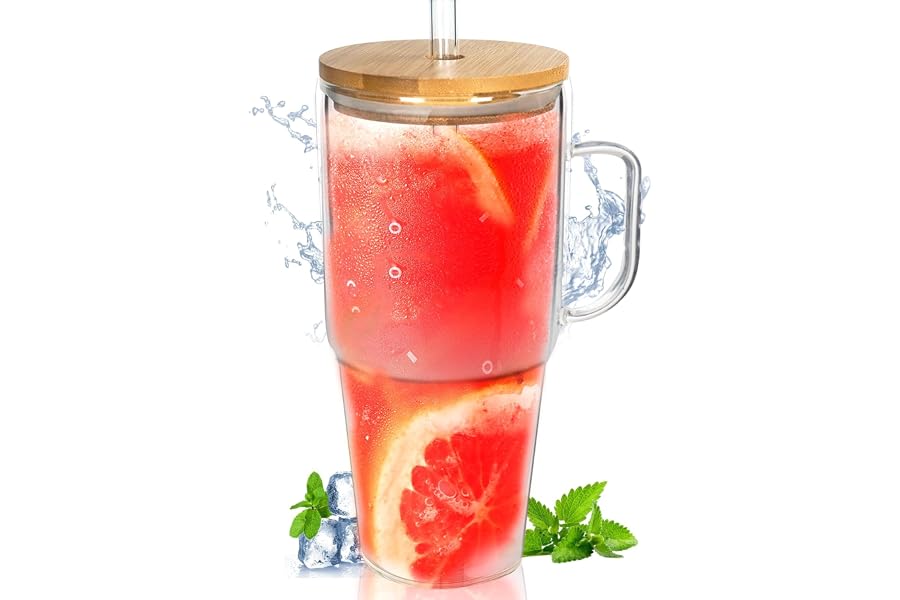 ANOTION Glass Cups with Lids and Straws - 40 Oz Tumbler with Handle and Straw Glass Water Bottles Drinking Glasses with Straws Iced Coffee Cups Travel Coffee Mug Smoothie Tumbler