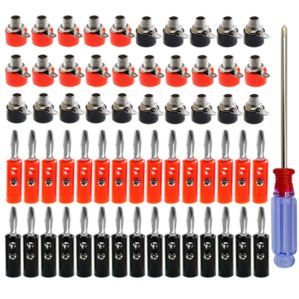 QitinDasen 30 Pair Premium 4mm Banana Plug Socket Connector, Solderless Nickel Plated Banana Plug and Binding Post Terminal Set, for Audio/Video Receiver, Amplifiers, Sound Systems (Red + Black)