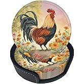 Aicreat 6 Pcs Rooster Flower Leather Coasters for Drinks with Holder Coaster Sets Drink Table Cup Coasters for Living Room Kitchen Coffee Car Decor