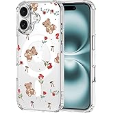 MAYCARI Cute Bear Theme Original iPhone 16 Case Compatible with Magnet Rose Flowers Teddy Bear Clear Magnetic Phone Cover for Girls Women Soft TPU Hard Back Shockproof Protective Case for 16 6.1"