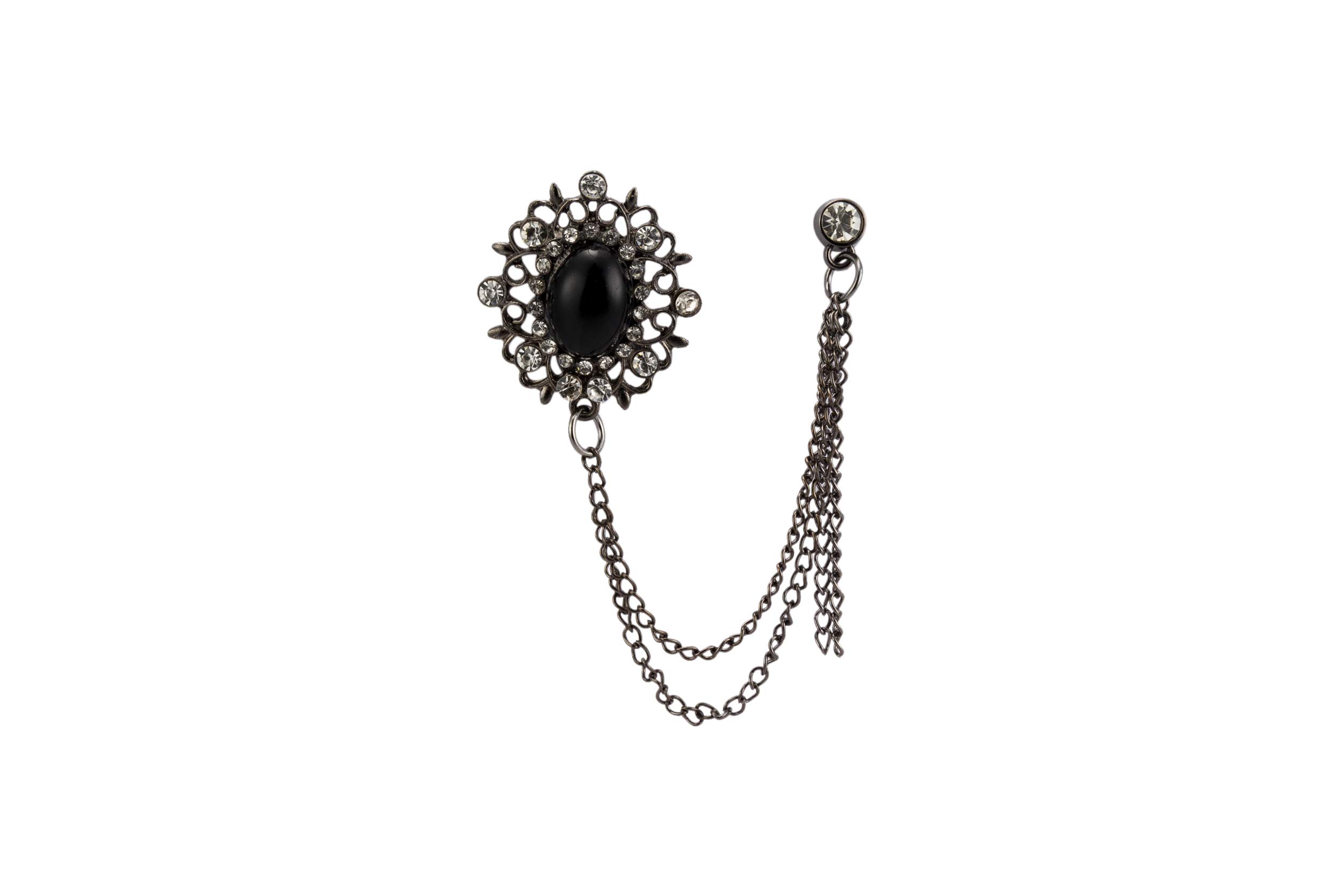 Brooch Lapel Pin for Men Gun Metal Abstract and Black Stone with Stone Detailing Hanging Chain Lapel Pin Badge Coat Suit Wedding Gift Party Shirt Collar Accessories
