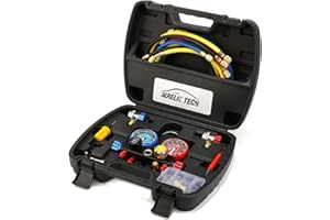 AURELIO TECH UPGRATED Version 4 Way A/C Manifold Gauge Set Fits R134A R410A R404A R22 Refrigerants with 5FT Hose, 3 Acme Tank Adapters, Adjustable Couplers and Can Tap