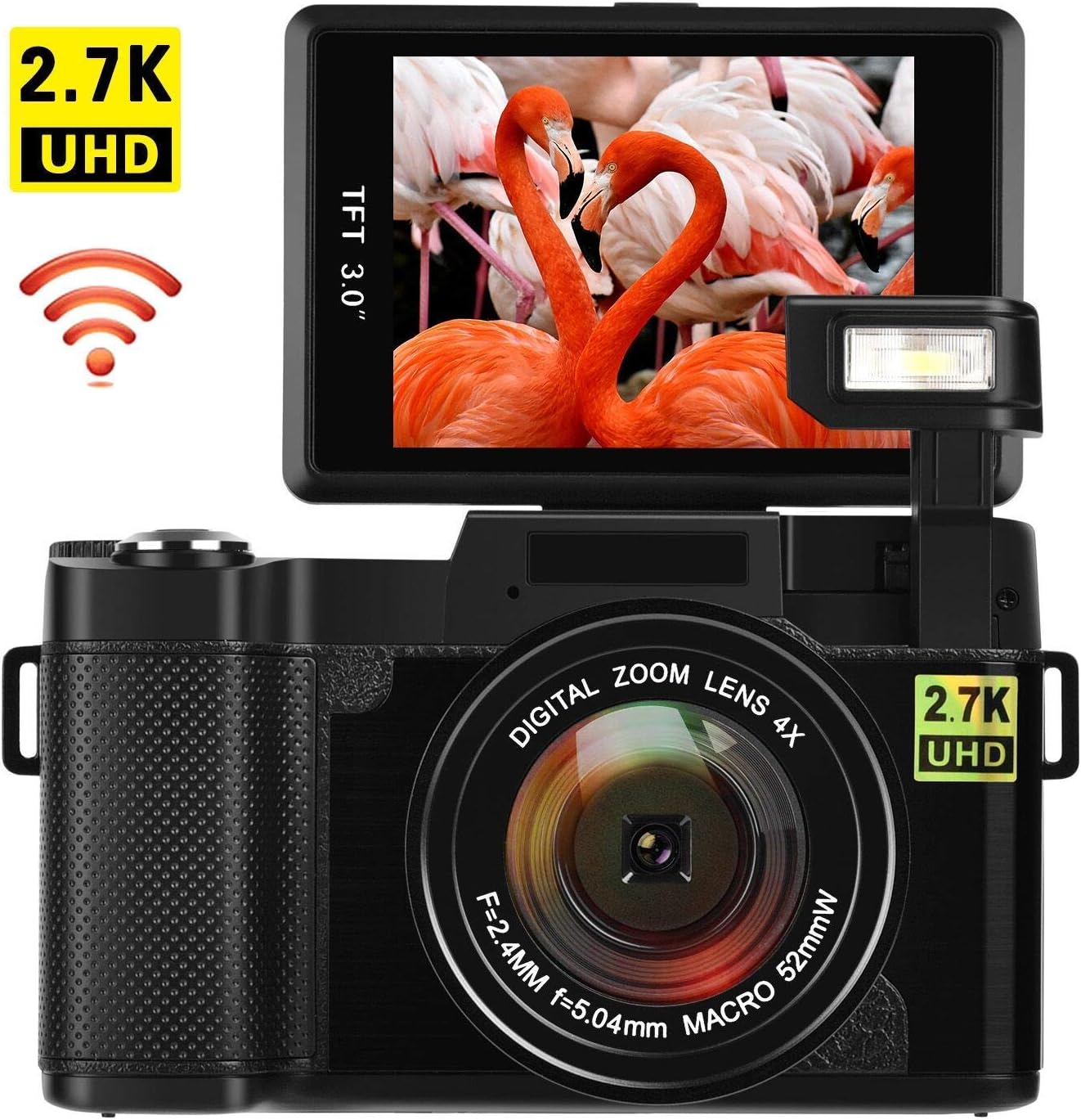 Digital Camera with WiFi 24.0 MP Vlogging Camera 2.7K Ultra HD 3.0 Inch Camera with Flip Screen Retractable Flashlight （Micro sd Card is not Included） (W1)