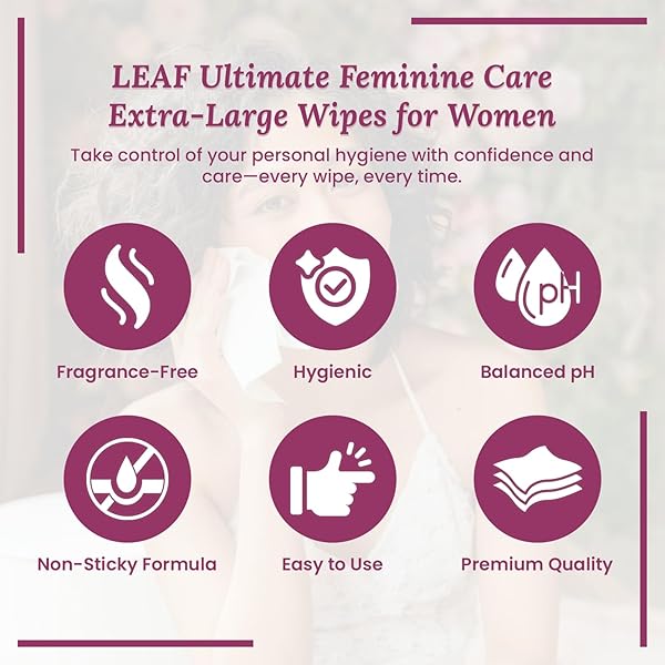 LEAF ULTIMATE FEMININE CARE, EXTRA-LARGE WIPES FOR WOMEN, PH BALANCE FEMININE WIPES WITH NATURAL INGREDIENTS, TRAVEL-FRIENDLY, ALCOHOL-FREE, ECO-FRIENDLY PERSONAL CLEANSING WIPES
