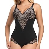 Women's Lace Shapewear Bodysuit Sculpting V-Neck Tummy Control Thong Shapewear Bodysuit Tank Tops Body Shaper SW03 Black