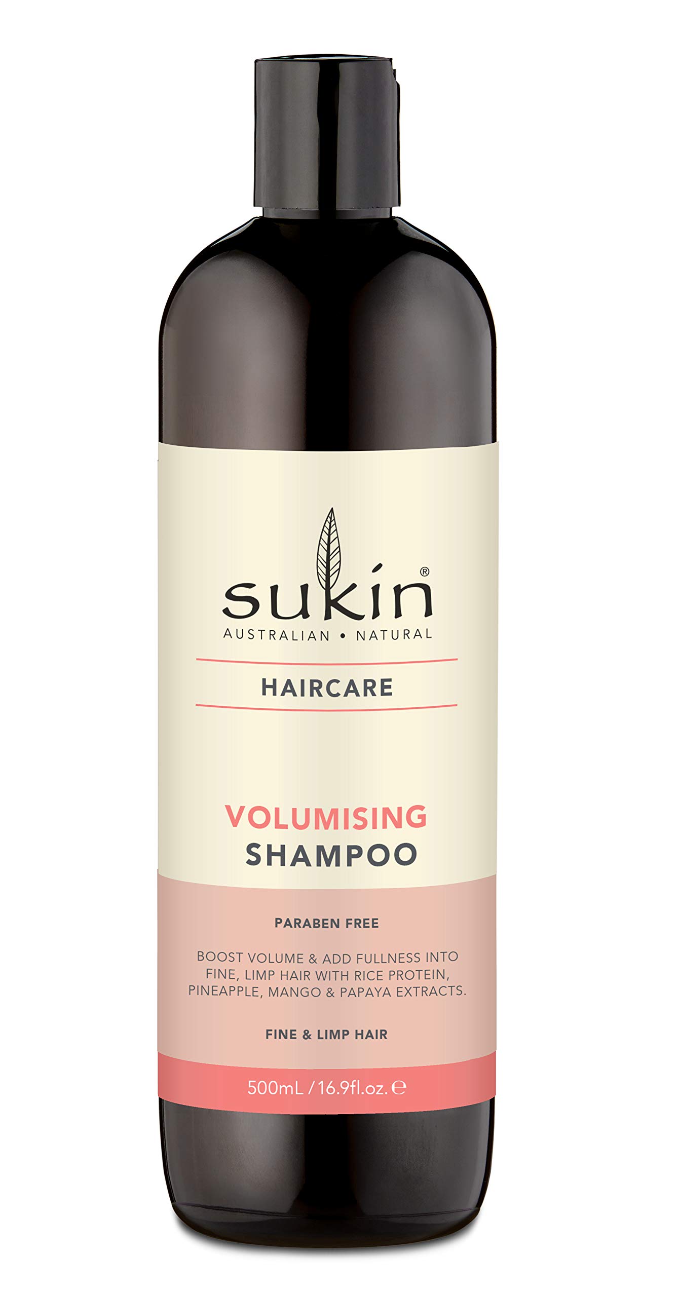 Sukin Volumising Shampoo 500ml- boosts volume & builds into fine & limp hair, nourishes the scalp, hair feels soft & silky- with Rice Protein, Pineapple, Mango, Papaya & Vitamin E; vegan friendly.