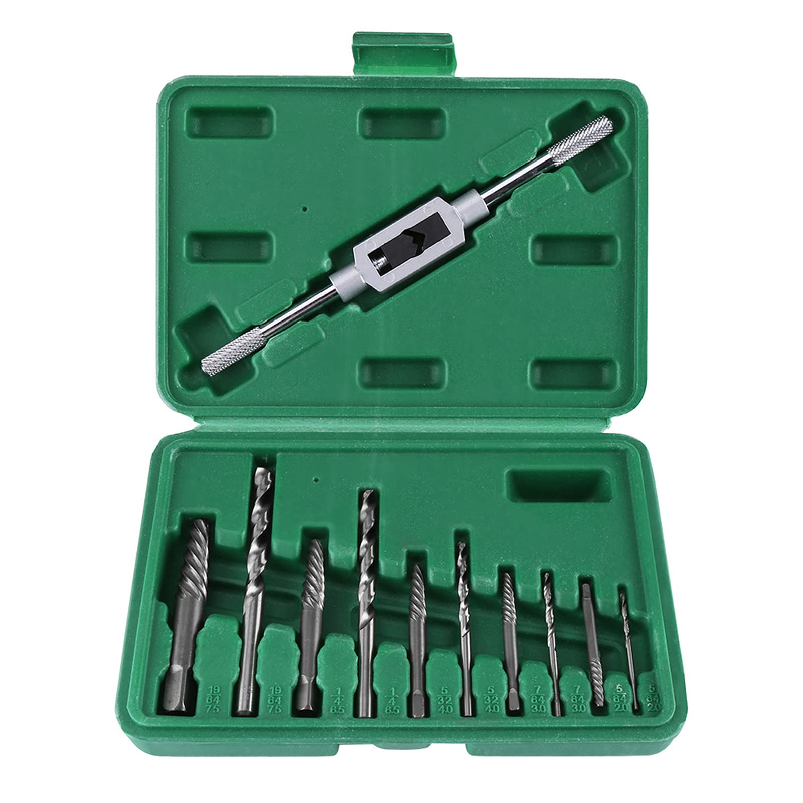 11pcs Broken Screw Extractor Set - Damaged Stripped Fasteners Removal Tool with Drill Bits and Holder Frame - Green Case Box Packaged