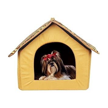 Emily Pets Cat & Dog Lovers Foldable Printer Velvet Fabric Puppy House (S, Yellow)
