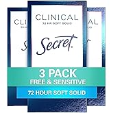Secret Clinical Strength Antiperspirant Deodorant for Women, Free & Sensitive, 3X Stress Protection, 72hr Sweat & Odor Protection, PH Balancing Minerals, Soft Solid, Unscented, 1.6 oz (Pack of 3)