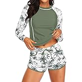 Women's Long Sleeves Rash Guard - 2 Piece Swimsuits with Built in Bra Swim Shirt and Shorts with Pockets