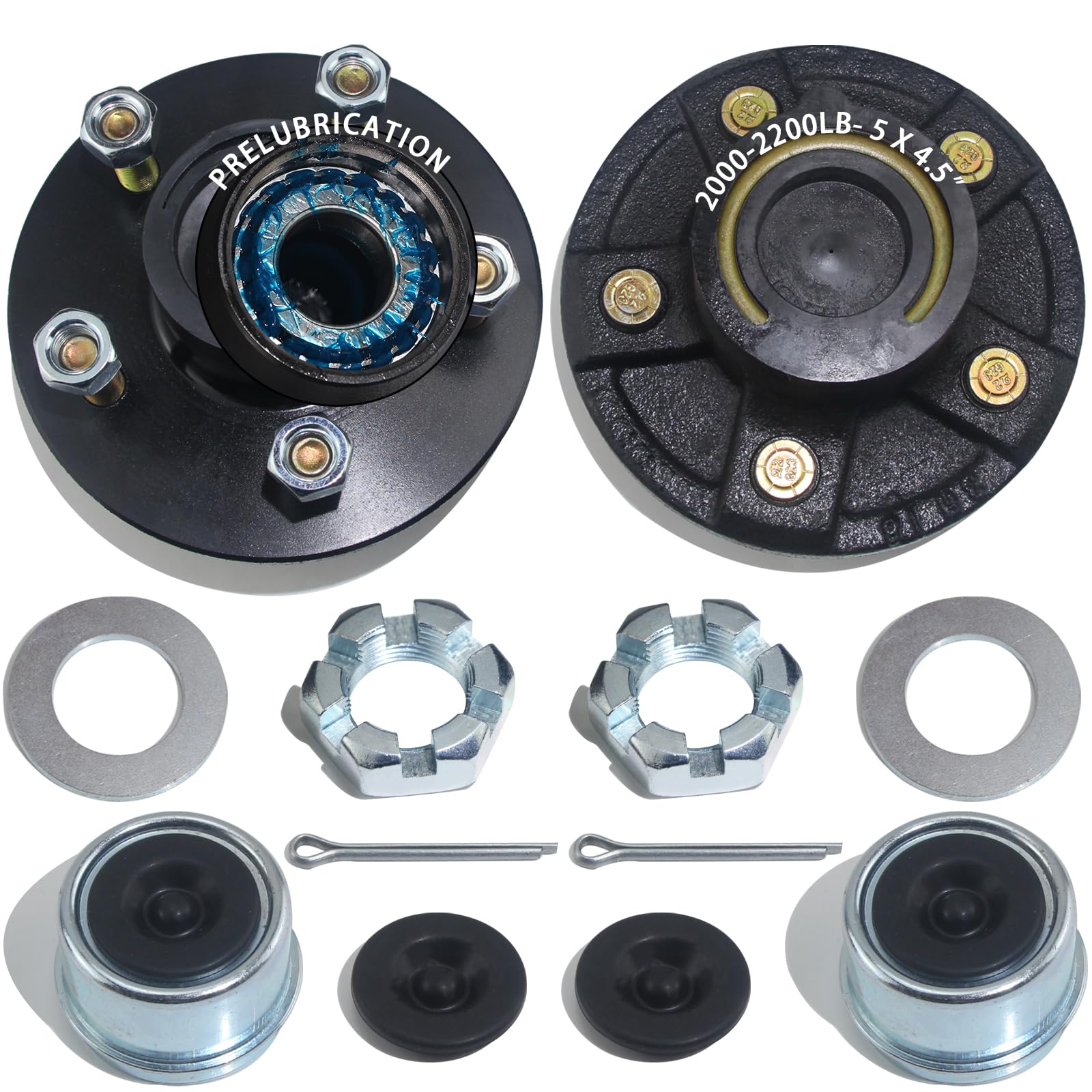 Photo 1 of 2 Sets Trailer Hub Kit 5 Bolt 4.5 L44649 Brearing and 1.25" I D Grease Seal,Trailer Axle Kit for 2000 lb 5 Lug Pre-Installed and Lubricated Trailer Hub Fits 1-1/16" Straight Spindle with Cap and Plug