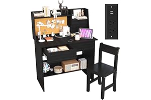 SFDOU Black Kids Desk and Chair Set for 5-12 Year Old, Childrens Computer Desk with Drawers and Storage Shelf, Kids Study Table with Charging Station-X4qX5e