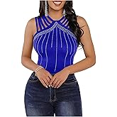 SOLY HUX Women's Tank Tops Sparkle Rhinestone Cut Out Sleeveless Slim Fit Party Top
