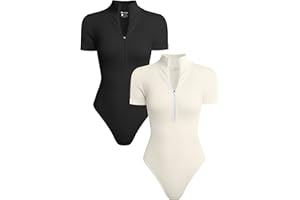 OQQ Women's 2 Piece Bodysuits Sexy Ribbed One Piece Short Sleeve Zip Front Bodysuits