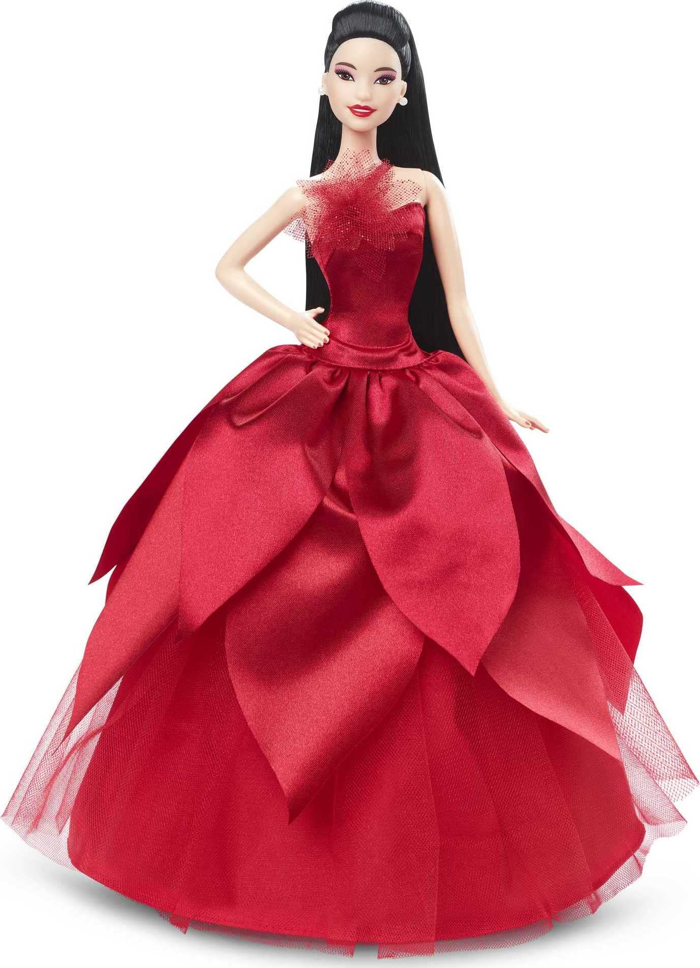 Barbie Signature 2022 Holiday Barbie Doll (Straight Black Hair) with Doll Stand, Collectible Gift for Kids Ages 6 Years Old and Up