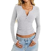 EasyGala Womens Cotton Long Sleeve Shirts V Neck Henley Tops Slim Fit Basic Going Out Tshirts Fall Fashion Outfits 2025