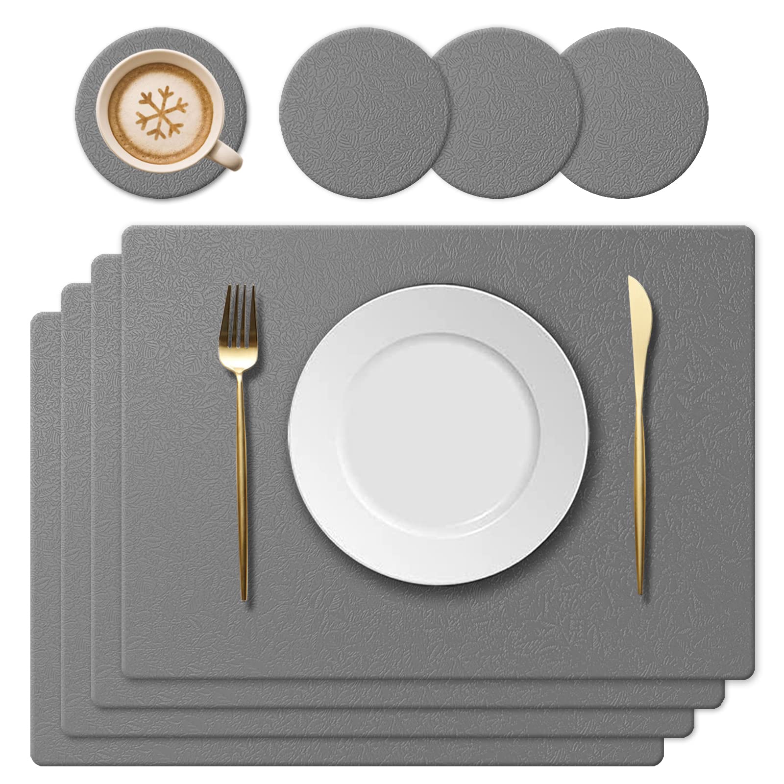 KERYCHIN Silicone Placemats and Round Glass Coasters, Washable Heat Resistant 220 °C, Non-Slip and Waterproof, Decorative Accessories for Restaurant, Kitchen, Hotel, 40 x 30 cm, 8 Pieces, Dark Grey — image 1