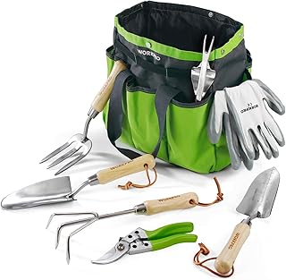 WORKPRO Gartenwerkzeug Set, 7 in 1 Gartengeräte aus rostfrei Edelstahl mit Holzgriff, Werkzeugbeutel inkl.