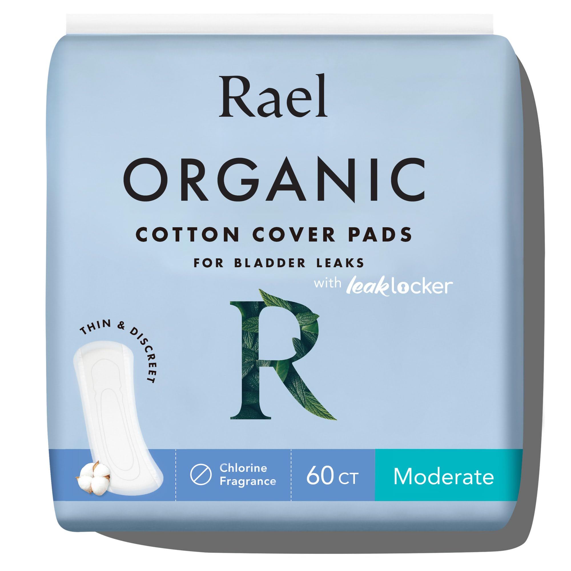 Photo 1 of Rael Incontinence Pads for Women, Organic Cotton Cover, Postpartum Essential, Heavy Absorbency, Bladder Control, 4-Layer Core with Leak Guard Technology, Long Length (Moderate, 60 Count)