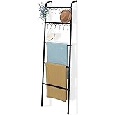 Simple Trending Blanket Ladder，5-Tier Metal Towel Rack with 12 Hooks, (79'') Metal Style Decorative Ladder for The Living Roo