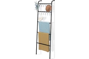 Simple Trending Blanket Ladder，5 Tier Metal Towel Rack with 12 Hooks, 79'' Metal Style Decorative Ladder for The Living Room Bedroom Bathroom Home Decor, Black
