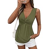 BTFBM Babydoll Tops for Women 2026 Trendy Spring Summer Outfits Twist Front V Neck Peplum Flowy Tank Tops Dressy Casual