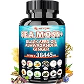 Sea Moss 350mg Black Seed Oil 200mg Ashwagandha 100mg Turmeric 100mg Bladderwrack 100mg Burdock 100mg,All-in-1 Sea Moss Capsules-60 Count