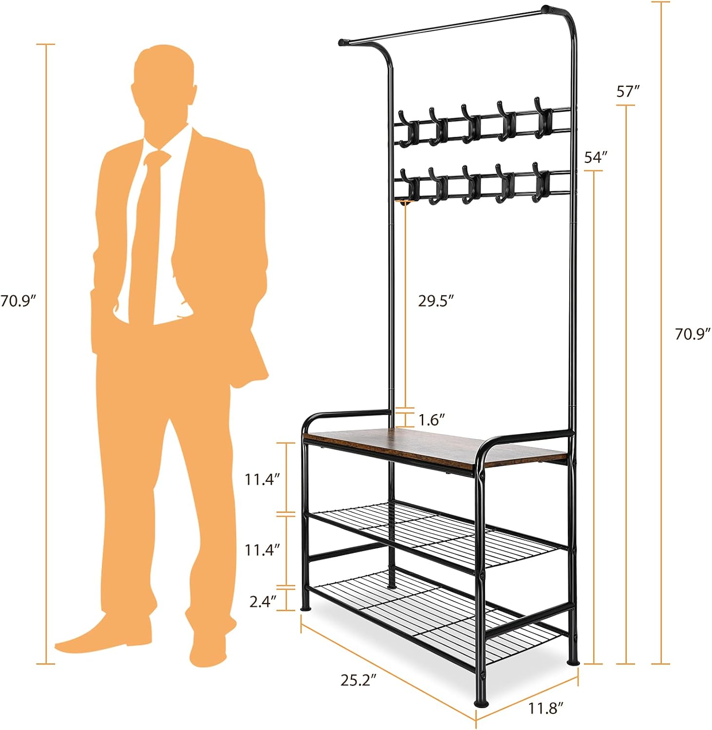 Coat Rack Shoe Rack for Entryway, Hall Tree Shoe Rack Bench Organizer Storage ,3 Tier Coat Rack Freestanding Industrial Storage Shelf Bench with 10 Double Hooks & Steel Frame for Hallway,Bedroom,Foyer: Home Improvement