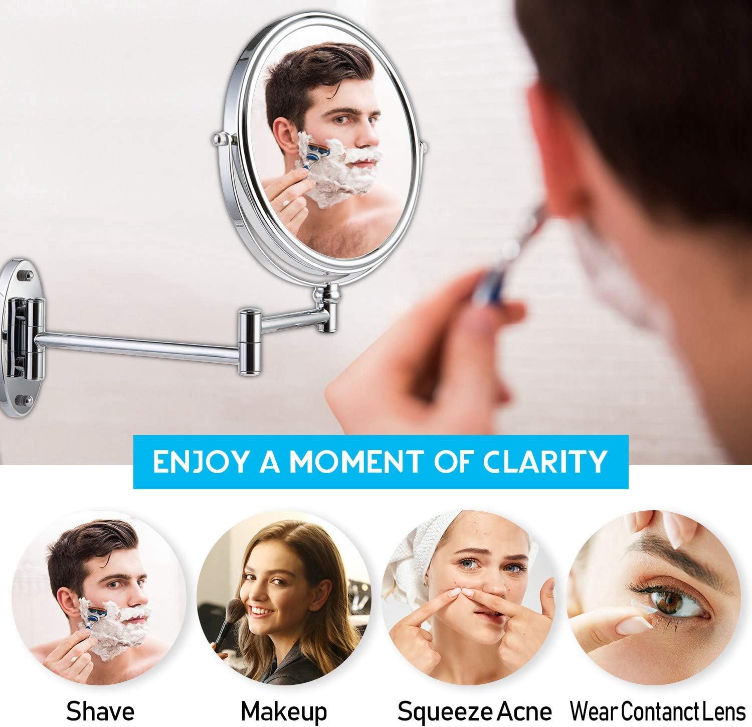 Miusco Wall Mounted Makeup Mirror, Premium 10X Magnifying 8'' Two-Sided Bathroom Vanity Mirror, Extendable Arm, Round, Chrome: Furniture & Decor