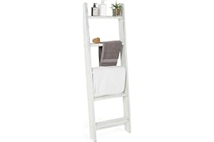 MyGift Vintage White Wood Decorative Ladder Shelf, 4.5 Foot Wall Leaning Wooden Towel Blanket Ladder Storage Rack for Bathroom or Living Room
