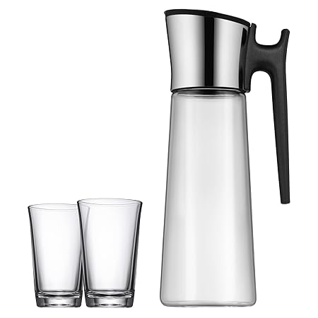 WMF Basic Wasserkaraffe Set, 3-teilig, Karaffe mit 2 Wassergläser, Glas-Karaffe mit Griff 1,5l, Höhe 31 cm, Silikondeckel, Cl