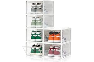 CKHXR Upgraded X-Large 1 Pack Clear Shoe Storage Organizer,Stackable Shoe Rack for Closet,Plastic Shoe Boxes with Magnetic Door,Shoe Containers For Sneaker Display,Fit up to US Size13 (White, 6 Pack)