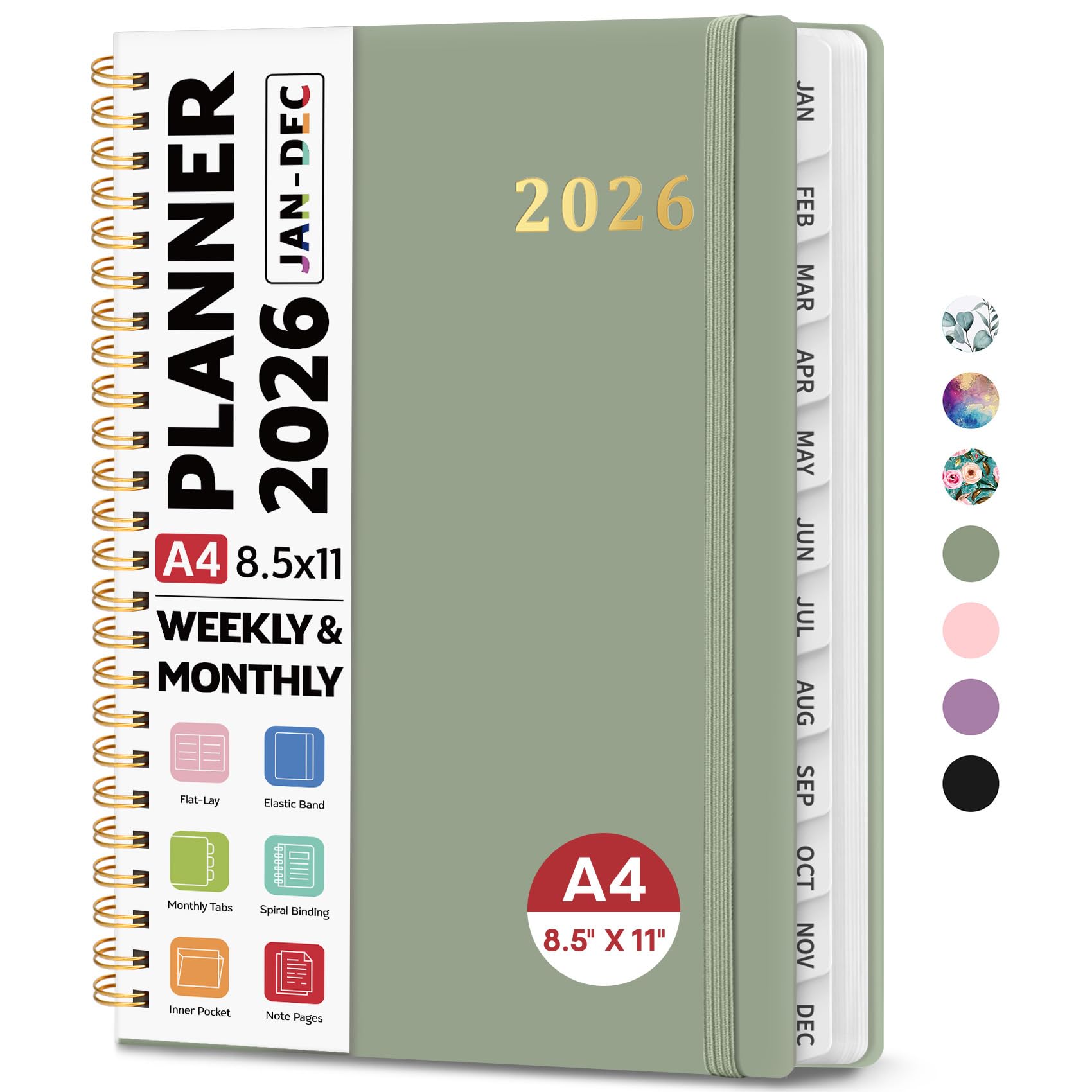 Photo 1 of 2026 Planner 8.5" x 11", Weekly and Monthly Calendar Planner Book, January 2026 - December 2026, Hardcover Spiral Planner with Monthly Tabs, Notes Pages, Perfect for Women & Men, A4 - Green