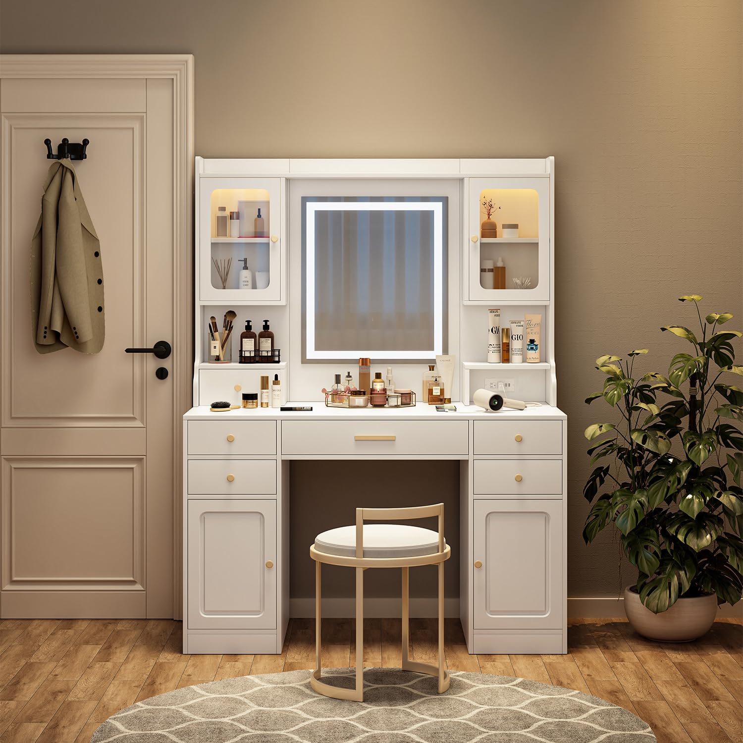 Photo 1 of * has a crack in one of the panels* Wakefit Vanity Desk with Mirror and Lights, 42'' Makeup Vanity with Power Outlet, Makeup Table with Drawers and Cabinet, 3 Lighting Modes Adjustable Brightness, for Bedroom, Dressing Room, White