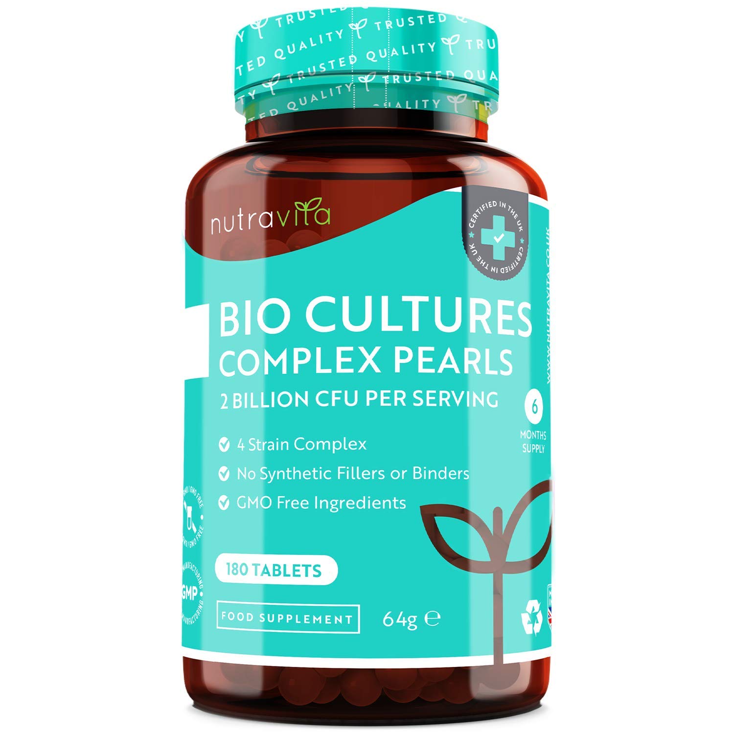 Pure Cultures Triple Strength Maximum CFU 180 (6 Months Supply) Time Release High Strength Pearls - Made in The UK by Nutravita